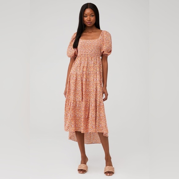 MINKPINK Dresses & Skirts - MINKPINK Floral High Low Puff Sleeve Square Neck Dress 100% Cotton Size Medium